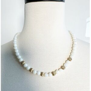 Vintage white beaded necklace with gold-toned ribbed rondelle accent beads